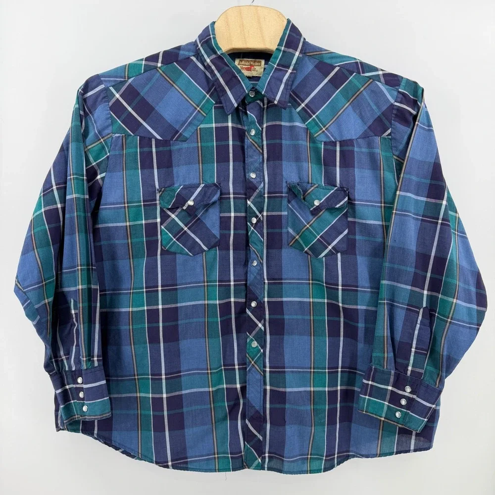 Youngbloods Western Shirt Mens 3X Blue Teal Plaid Pearl Snap Long Sleeve 0957